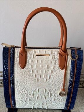 Brahmin Iridescent White Satchel with Navy Panels &Brown Trim - milk Atlantica